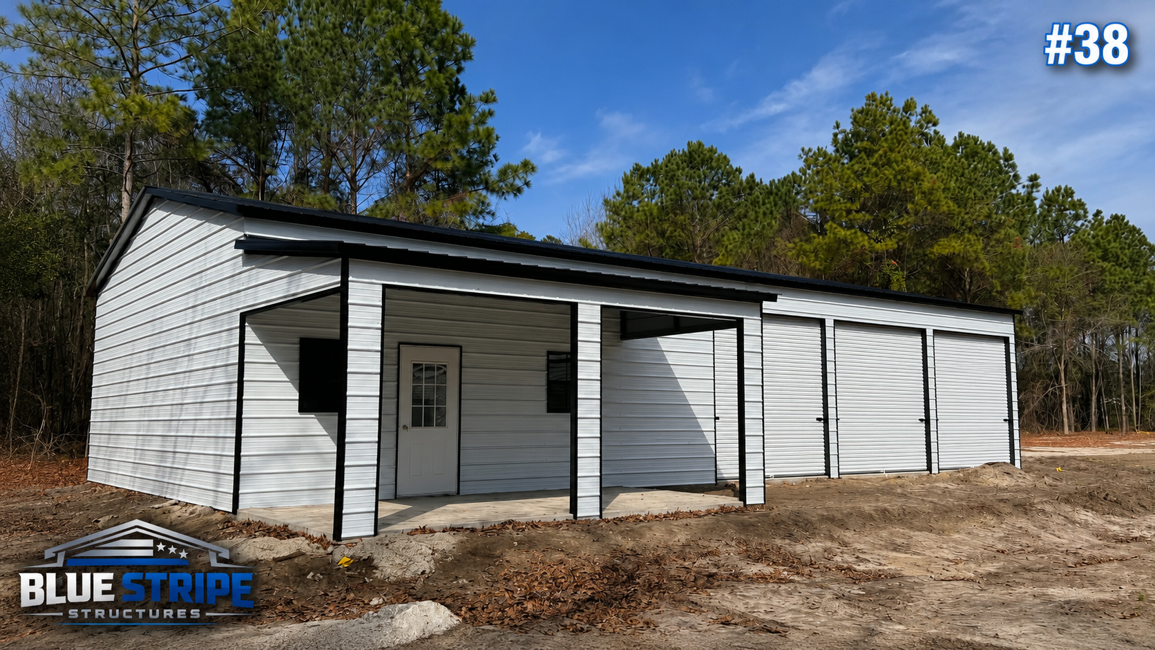 Residential steel garage with covered side parking area
