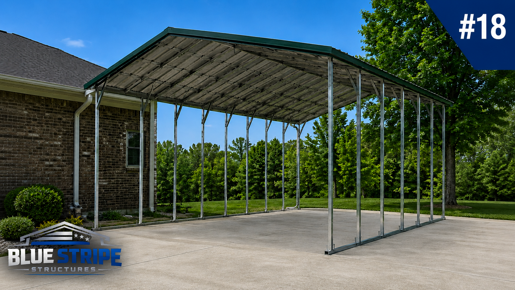 Open metal carport structure installed on concrete slab