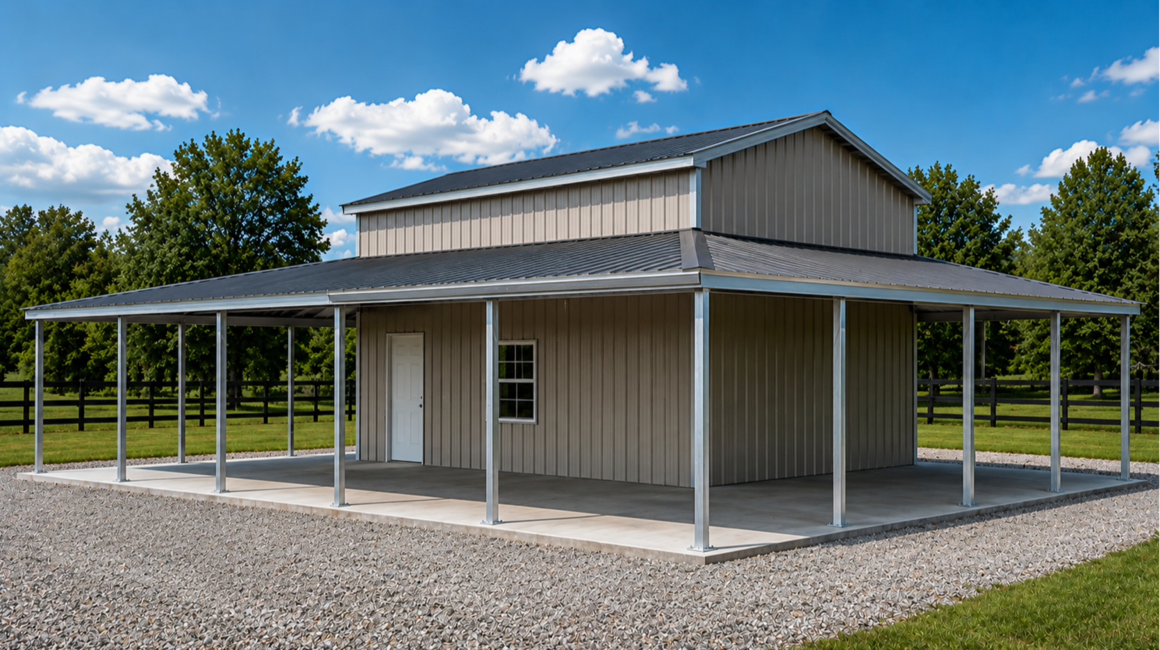 A two-story metal building with a covered porch, metal roof, beige siding, white door, and window, set on a gravel foundation with a grassy yard and trees in the background.