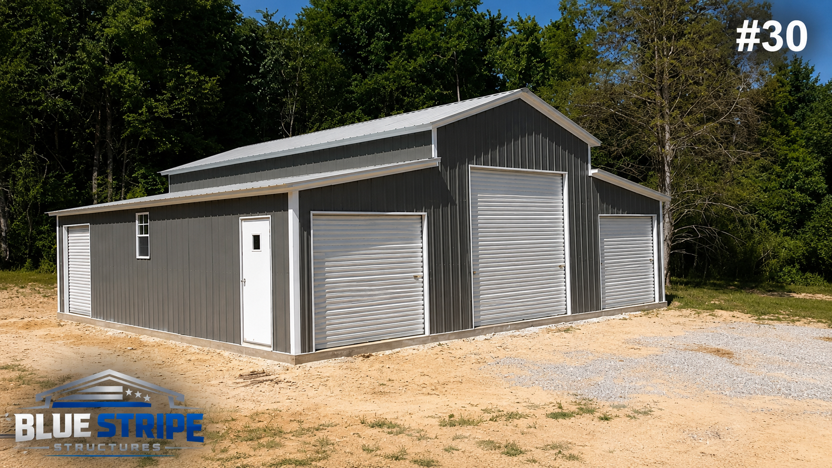 Residential workshop building with multiple garage doors