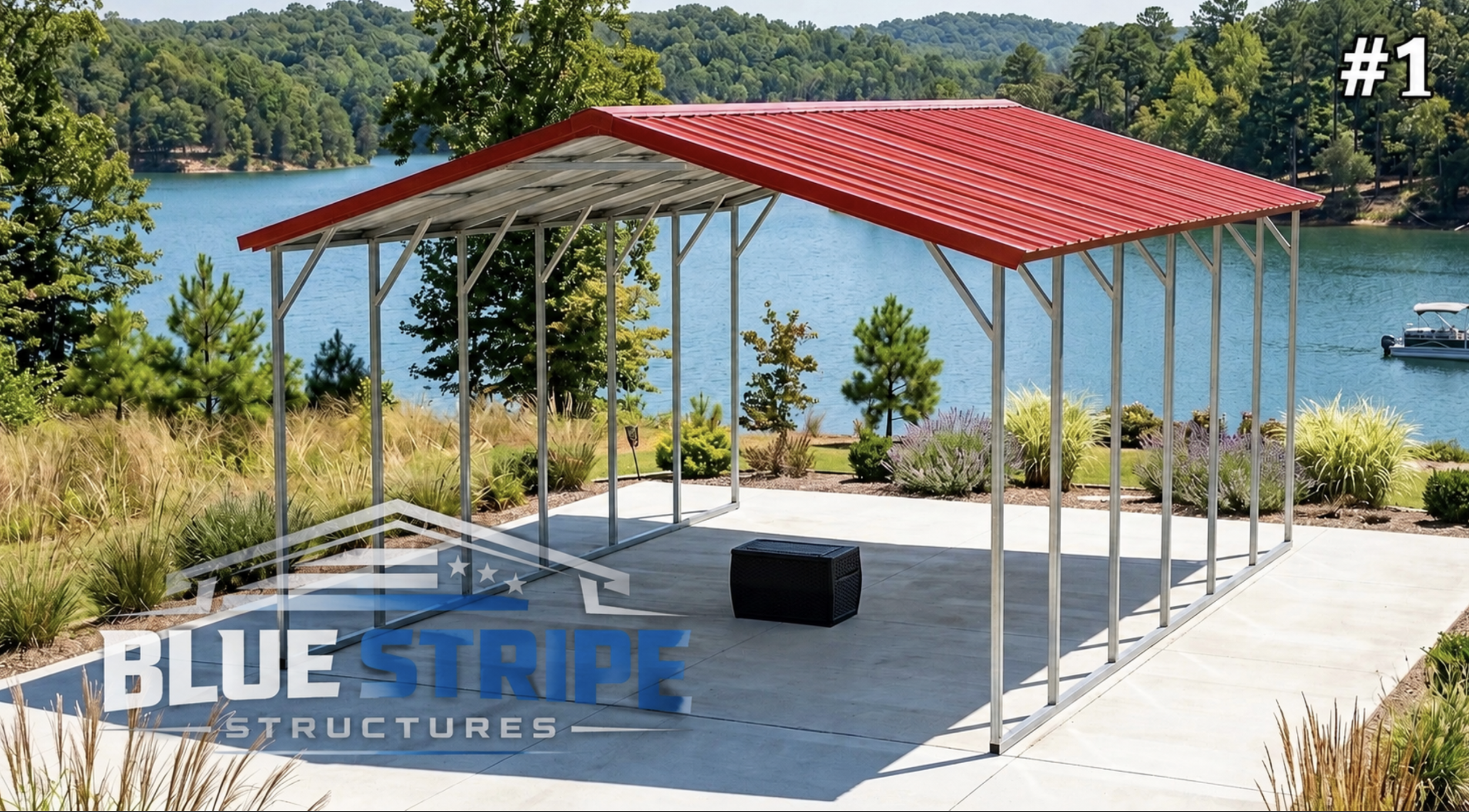 Open-sided metal carport with red roof installed by Blue Stripe Structures