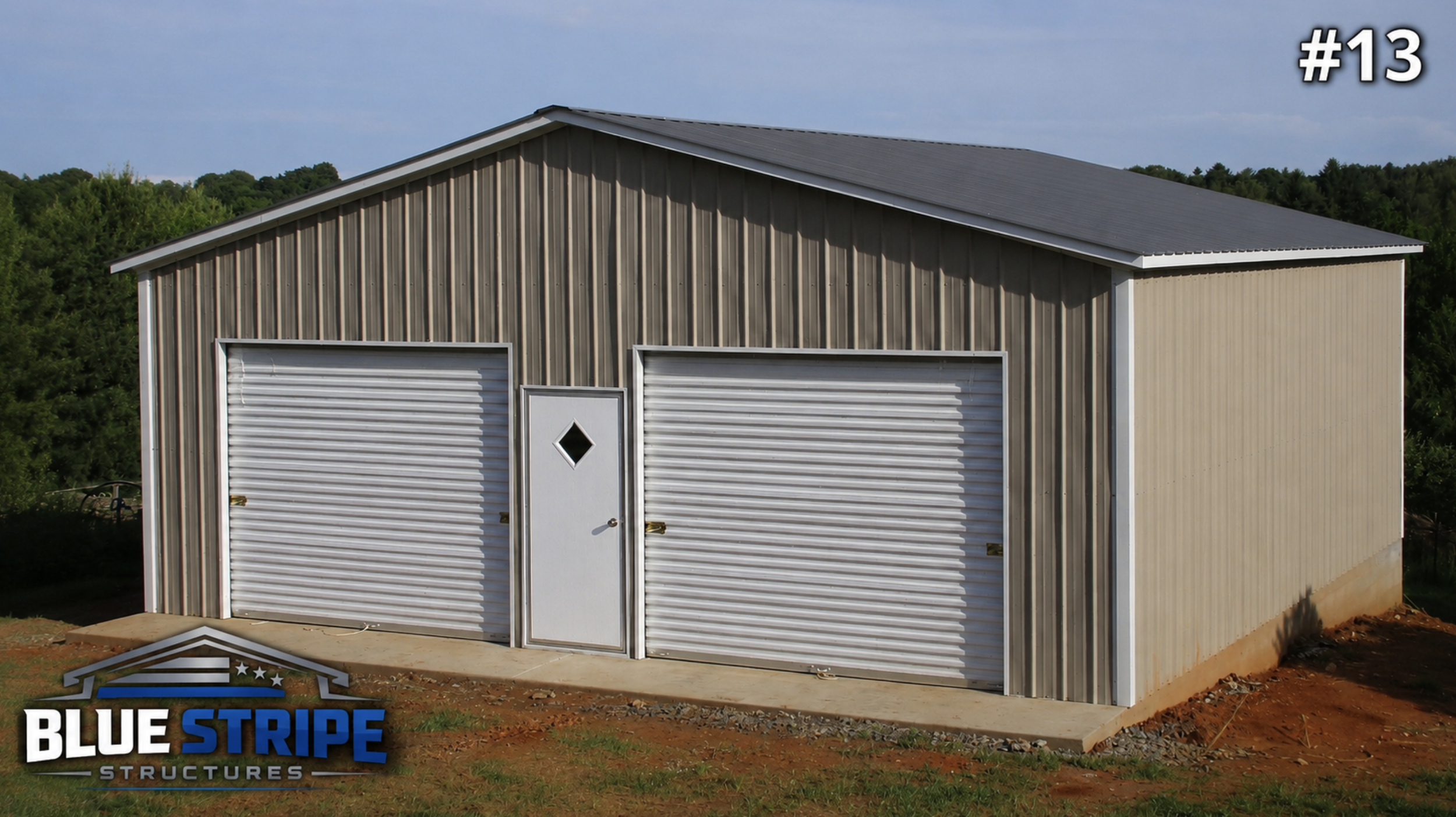 Custom two-bay garage building with center walk-in door