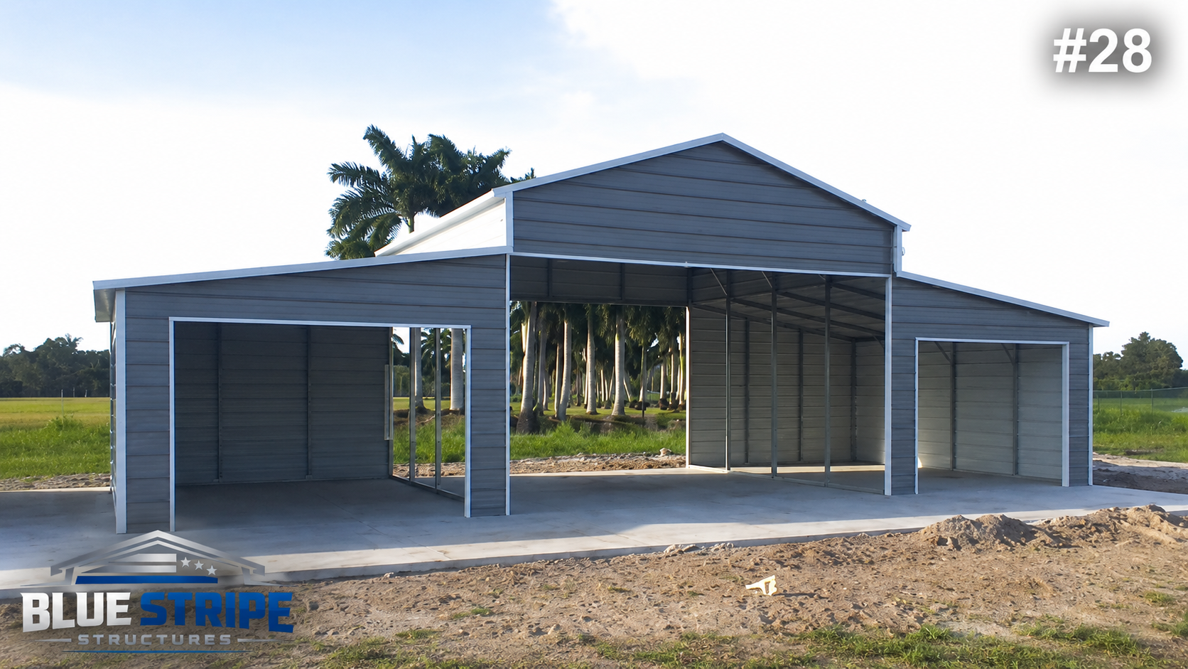 Large custom steel workshop with multiple garage bays