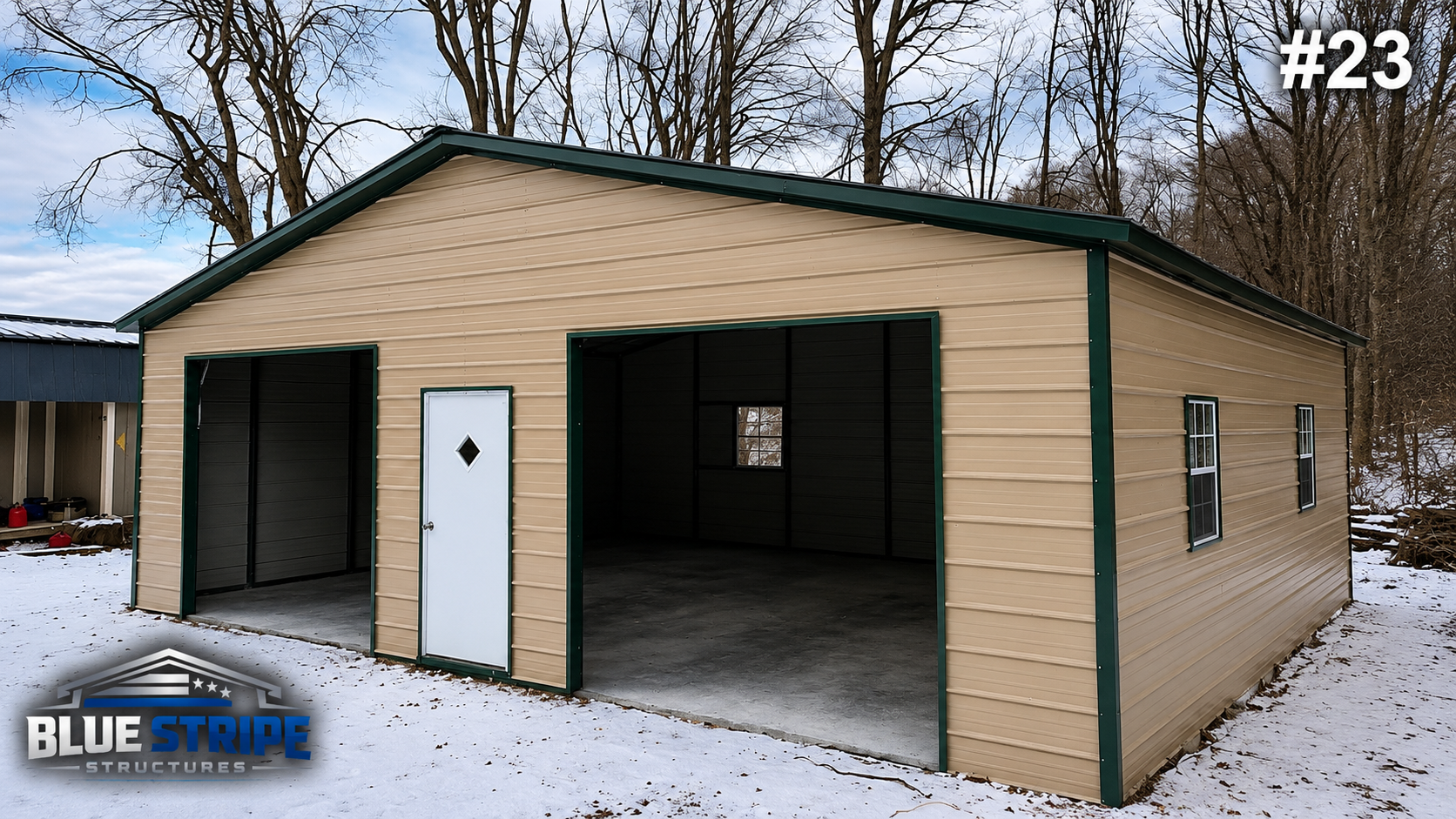 Residential metal garage with dual open bays and side entry
