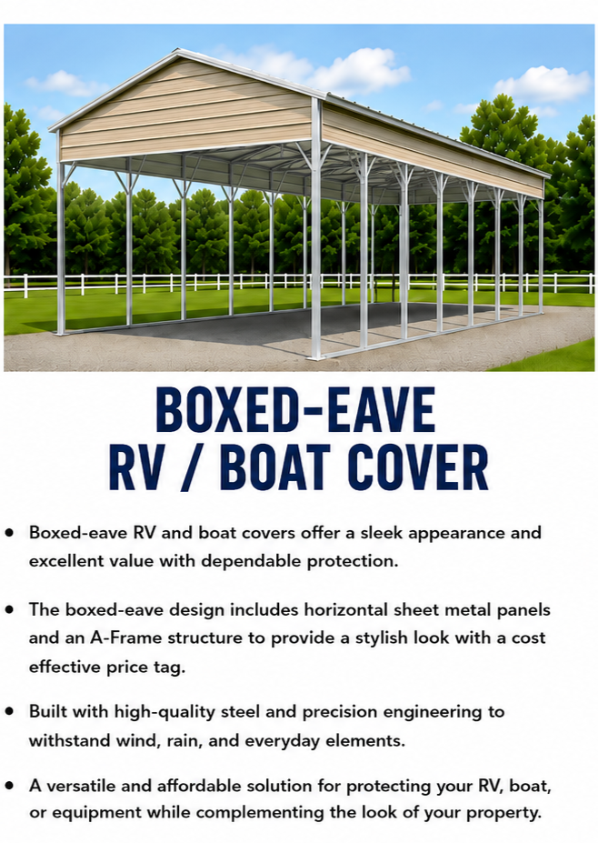 A large open-sided, boxe-eave RV and boat cover with a metal frame and horizontal sheet metal panels, situated outdoors with trees and a blue sky in the background.