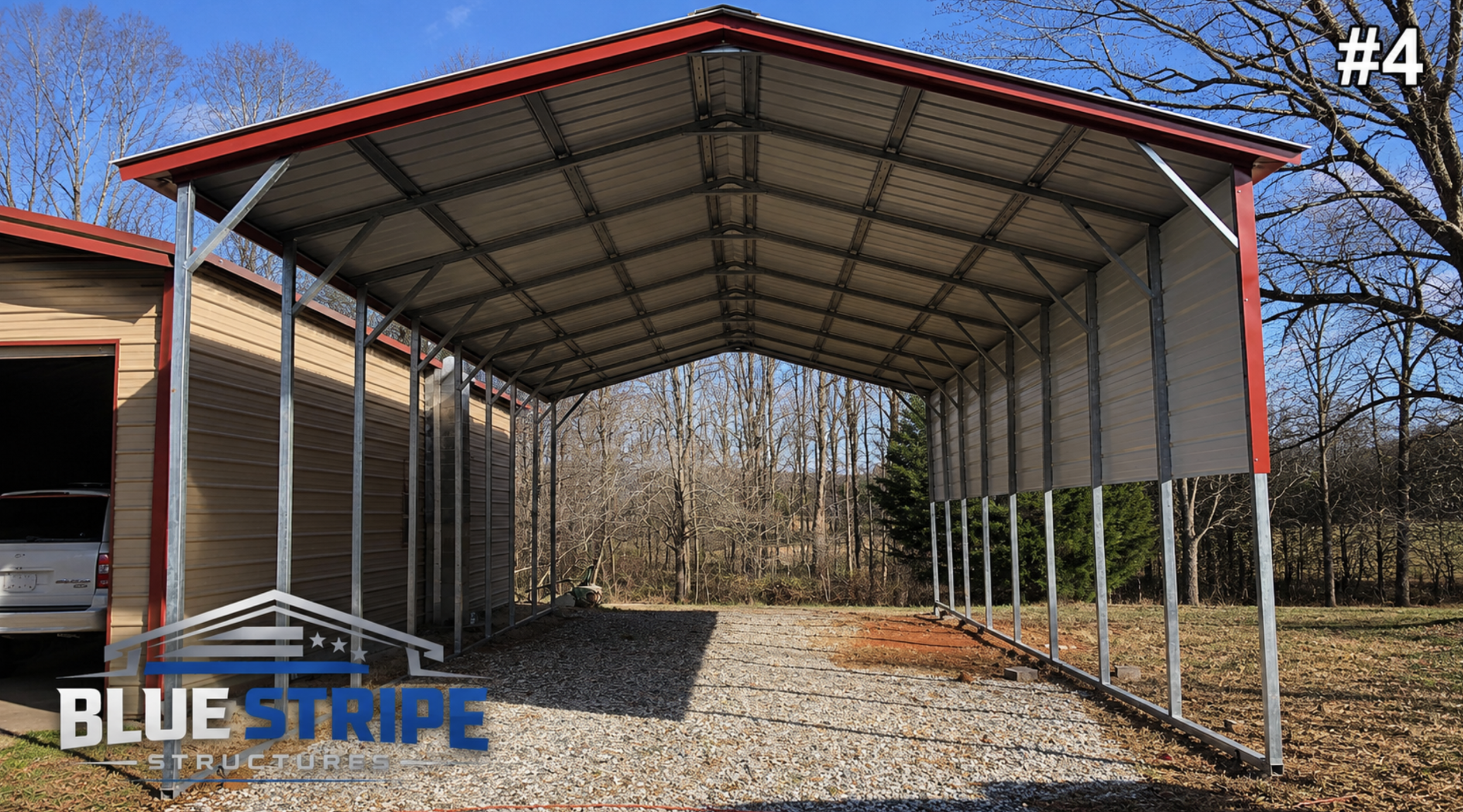 Large commercial-style metal building with open side access