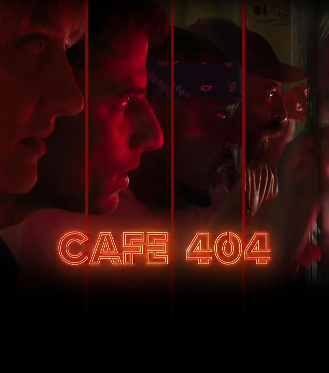Neon sign reading 'Café 404' with four men's faces in profile, illuminated in red, looking to the right amid dark surroundings.