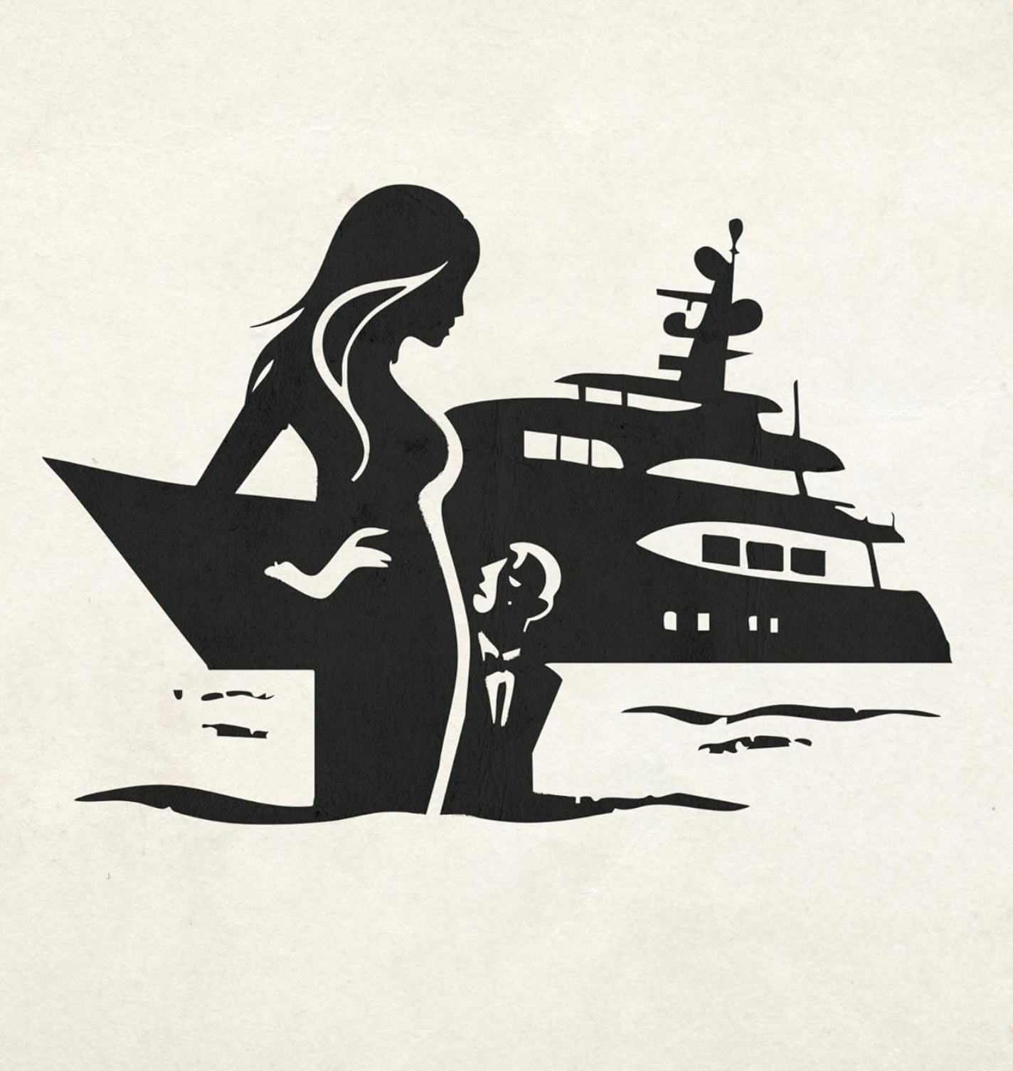 Silhouette of a woman and a child in front of a large yacht.
