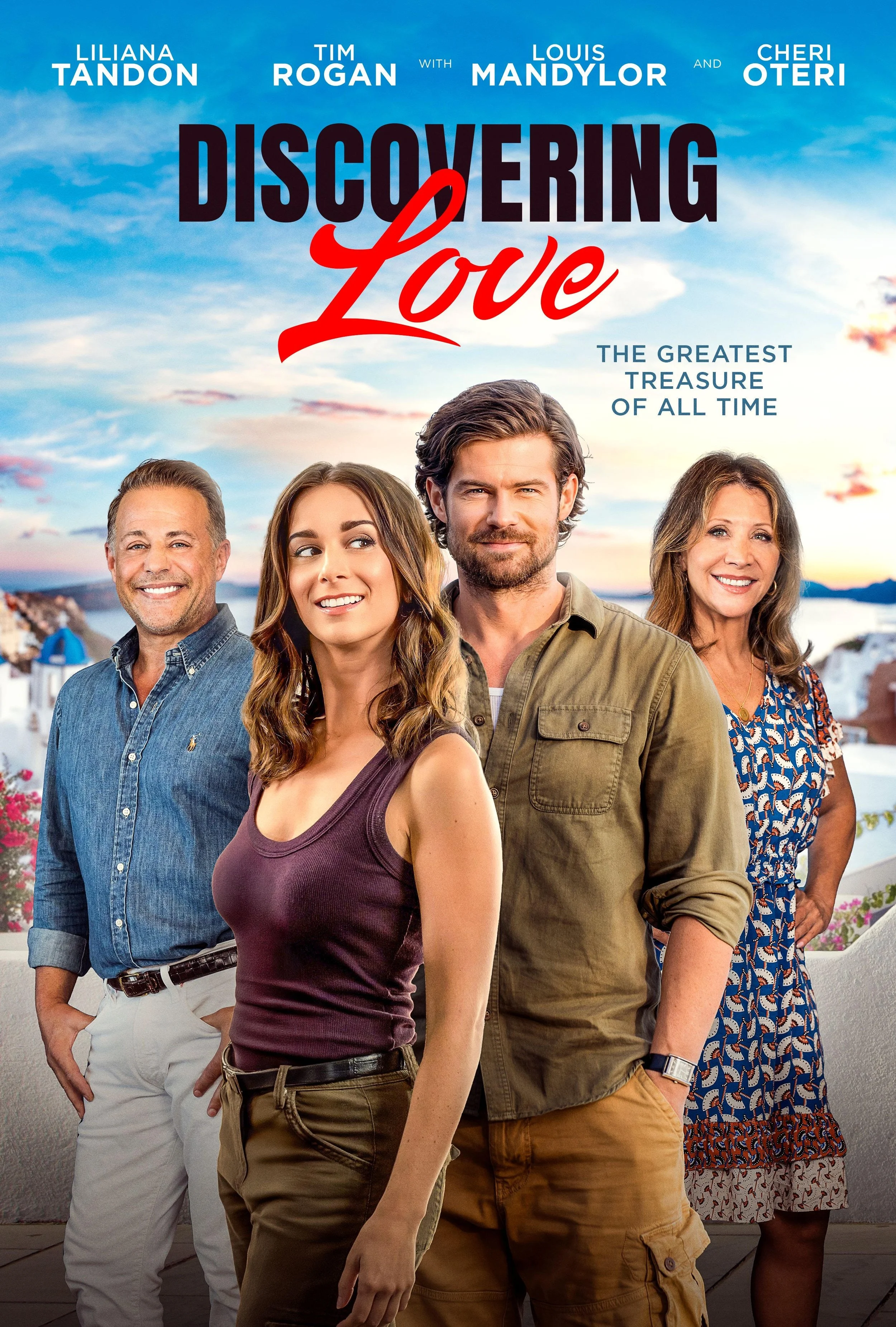 Promotional poster for the movie 'Discovering Love' showing five smiling actors against a scenic sunset background with the title and tagline.
