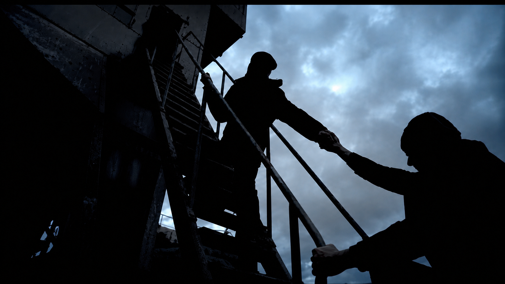 Silhouettes of two individuals shaking hands on a metal staircase outdoors against cloudy sky.
