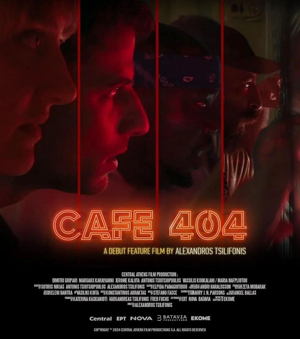 Poster for the debut feature film 'Café 404' by Alexandros Tsilionis, showing side profiles of four men in dark lighting with red hues, along with film credits and production information.