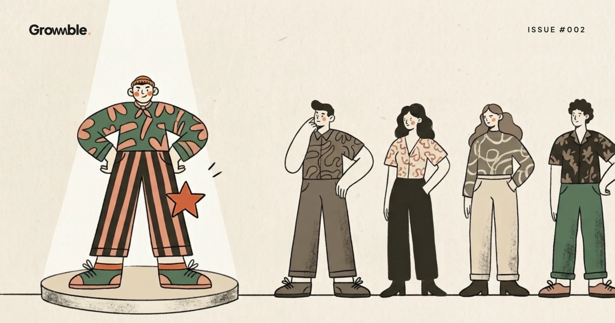 Illustration: one creator stands in a spotlight on a podium while four others wait in line