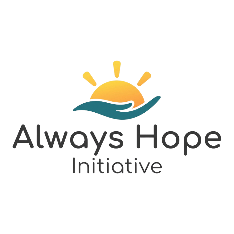 Logo with a stylized sunrise above a hand, with the text "Always Hope Initiative" below.
