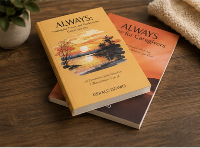 Two books titled 'ALWAYS' and 'ALWAYS Care for Caregivers' lay on a wooden surface, with a potted plant and a soft, textured cloth nearby.