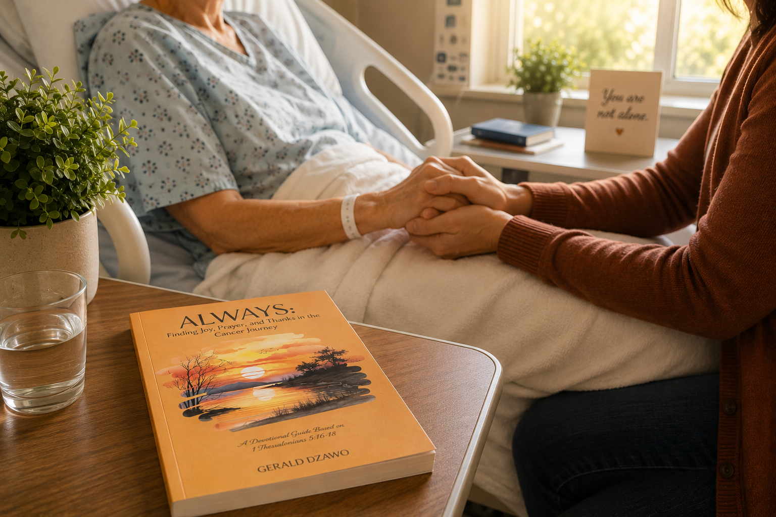 A person in a hospital bed holding hands with another person, with a book titled 'Always: Finding Joy, Prayer, and Thanks in the Cancer Journey' on a bedside table, a glass of water, and a potted plant.