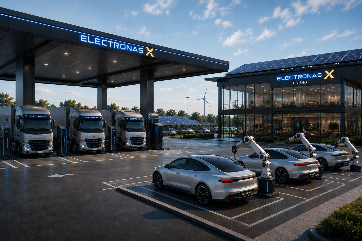 Electric vehicles and autonomous robot arms at an electric vehicle charging station with a modern lounge building in the background.