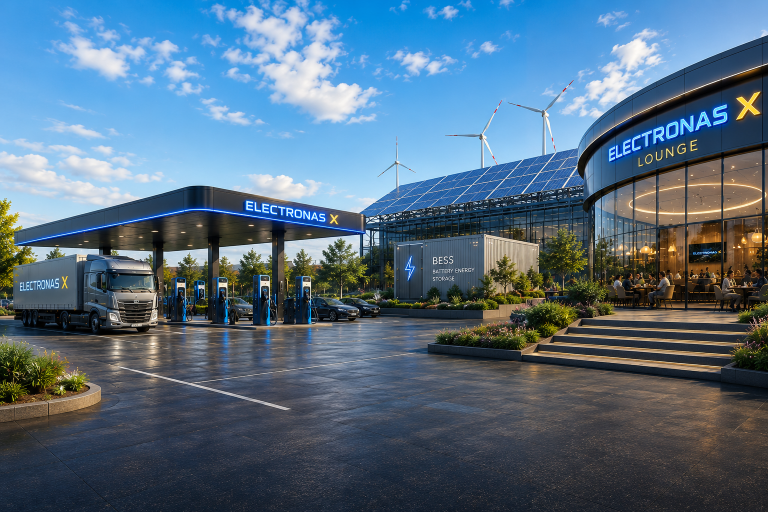 A modern electric vehicle charging station with multiple chargers, a truck, and cars parked, adjacent to a glass building with outdoor seating and illuminated signs that read 'Electronas X lounge' and 'BESS Battery Energy Storage'. Wind turbines and solar panels are visible on the roof. The scene is set on a sunny day with a blue sky full of clouds.