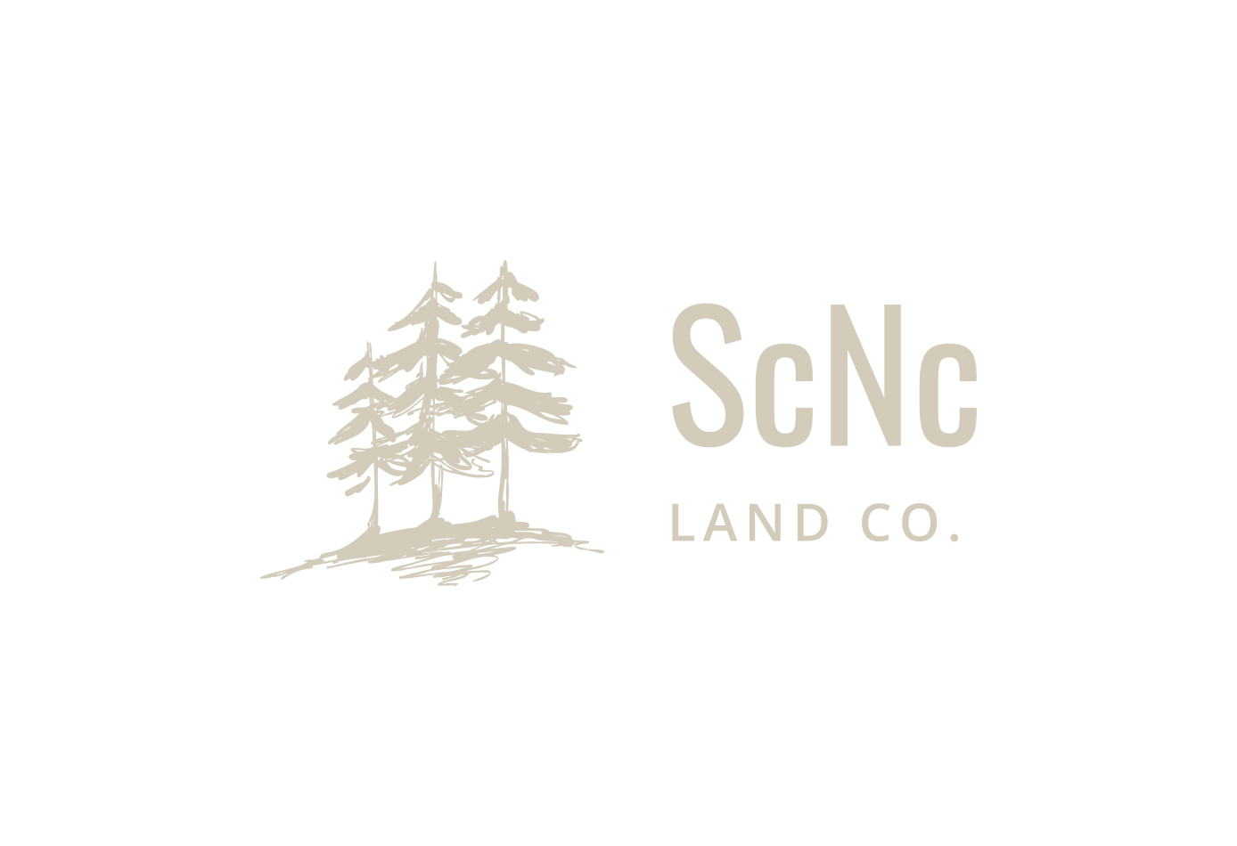 Logo of SCMC Land Co. with a graphic of pine trees on a hill in beige color against a black background.
