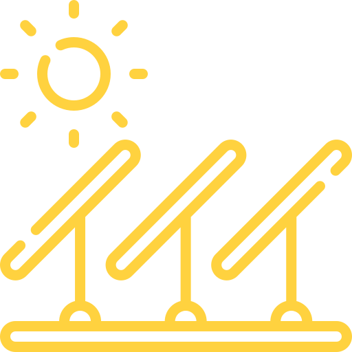 Yellow icon of three solar panels tilted towards the sun on a black background.