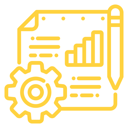 Icon of a document with a bar graph, gear, and a pen, representing data analysis and report creation.