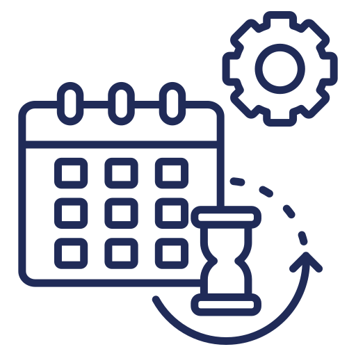 Outline of a calendar, gear, hourglass, and circular arrow in blue, representing scheduling, settings, time, and process management.