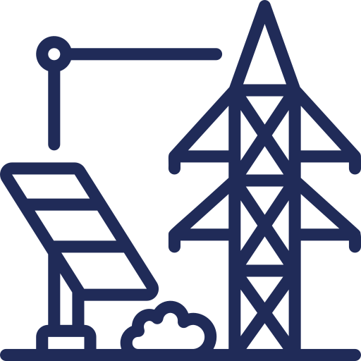 Illustration of a power transmission tower with a high-voltage power line and a solar panel.