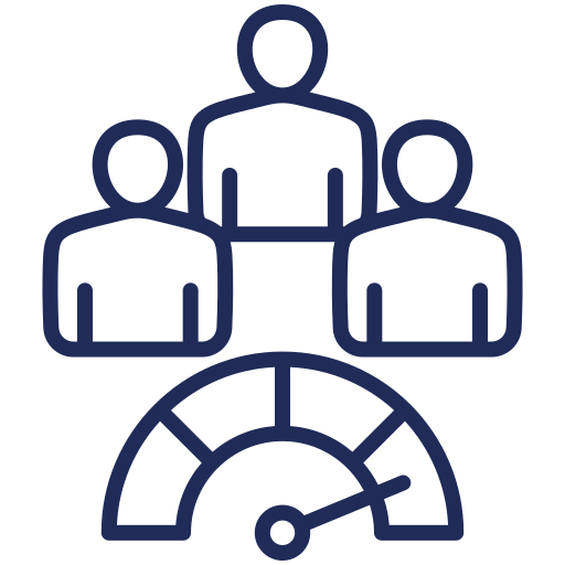 Icon of three people with a gauge or meter below them, indicating performance or team measurement.