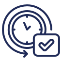 Clock with moving time indicator and a checkmark in a chat bubble