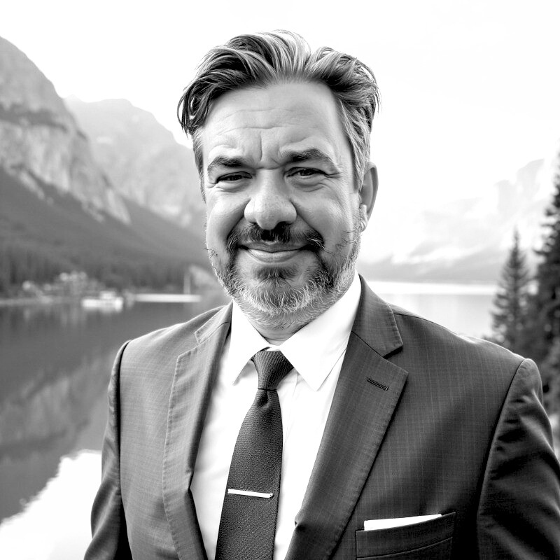 A smiling man in a suit and tie standing outdoors near a body of water with mountains and trees in the background.