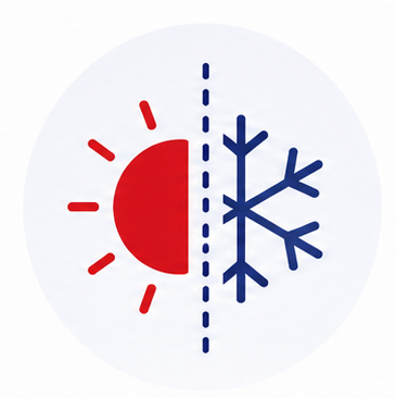 A graphic depicting a half sun and half snowflake, symbolizing hot and cold weather.