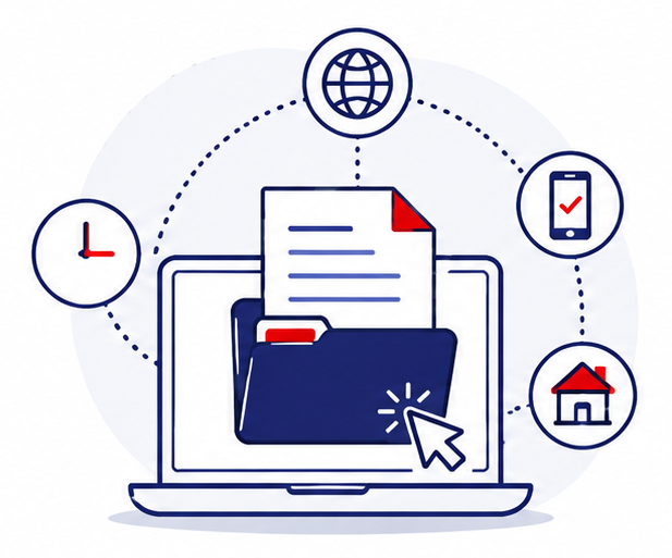 A graphic illustration of digital document management with icons representing time, internet, mobile device, and home around a laptop and open folder.