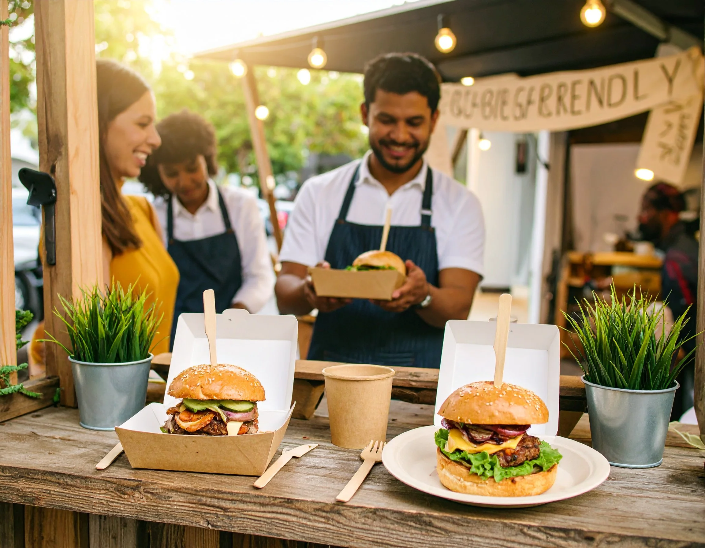 Food stand at an outdoor market with two gourmet burgers on paper boats, potted plants, and people preparing food.