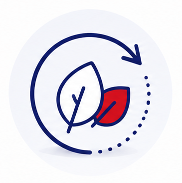 Stylized illustration of two leaves, one red and one white, with a circular arrow around them, symbolizing recycling or sustainability.