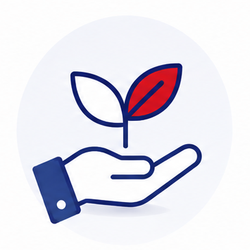 Hand holding a plant with two leaves, one red and one white, symbolizing environmental care or sustainability.