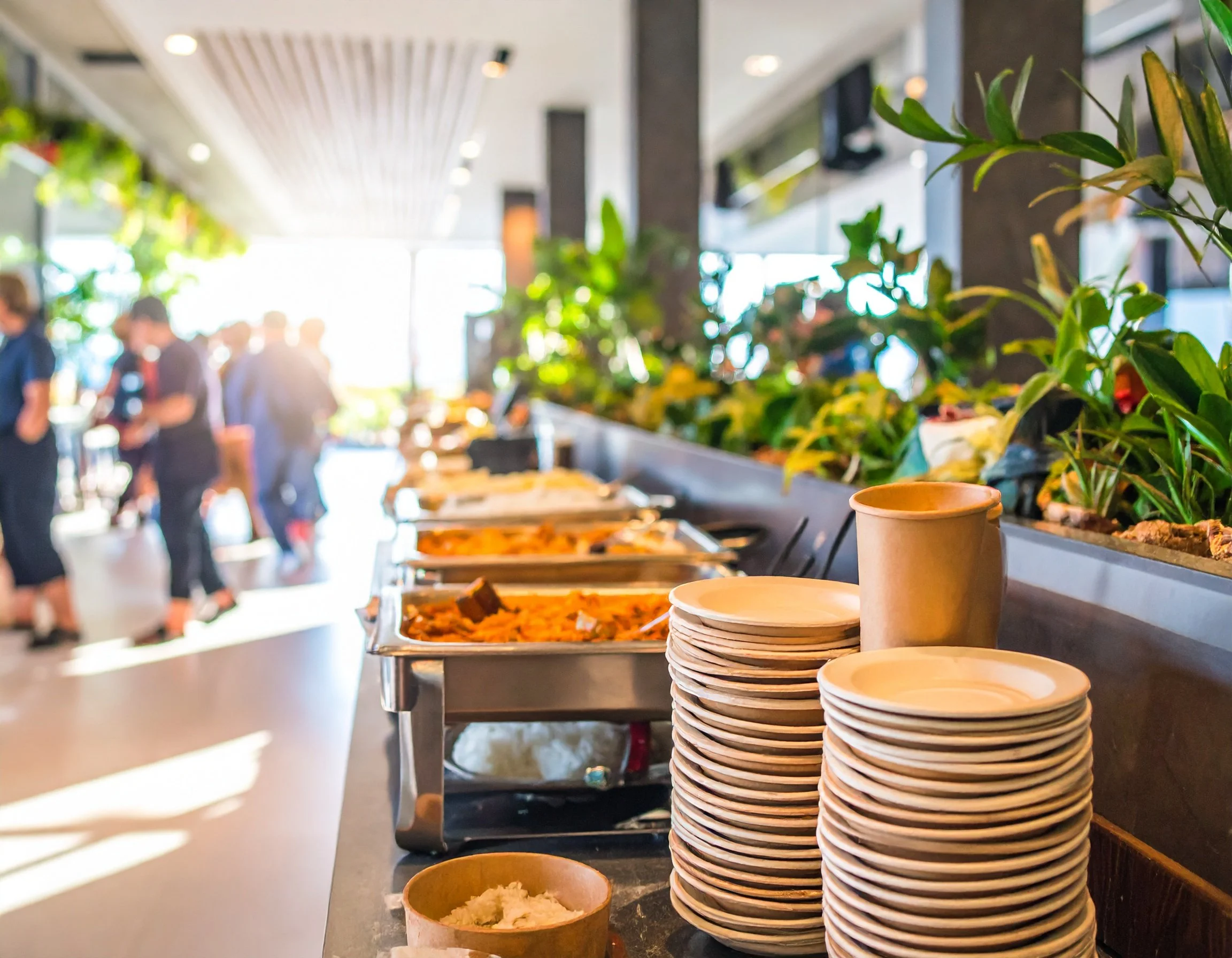 Stack of paper bowls and two paper cups on a counter in a restaurant or cafeteria with people in the background and green plants.
