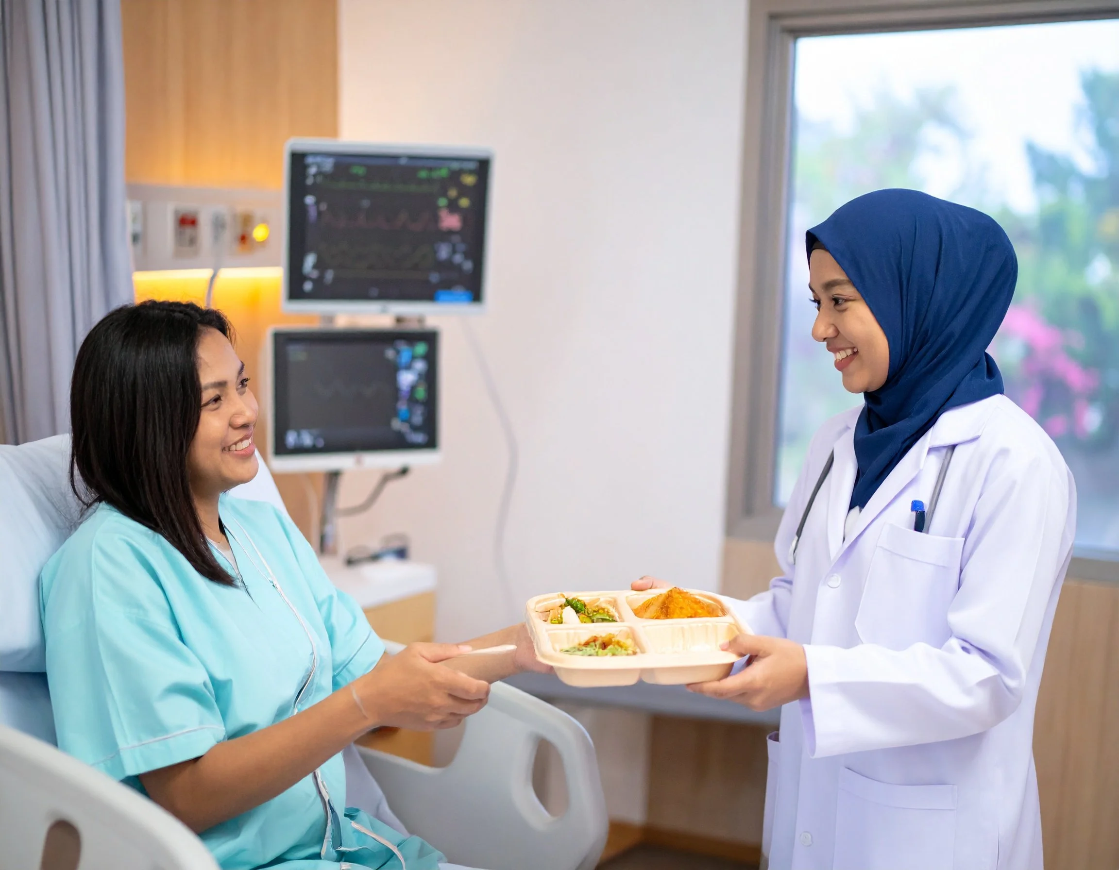 A nurse in a white coat and a woman in a turquoise hospital gown exchanging a tray of food in a hospital room with monitors and windows in the background.