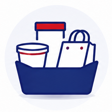 Icon of a blue shopping basket with a white container, a jar, and a paper bag inside.