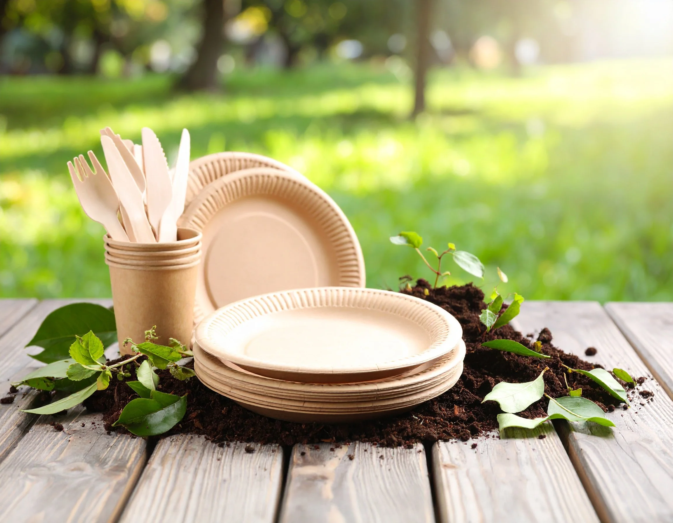 Disposable paper plates and utensils placed on a wooden surface outdoors, with green plants and soil surrounding them, against a blurred background of trees and sunlight.