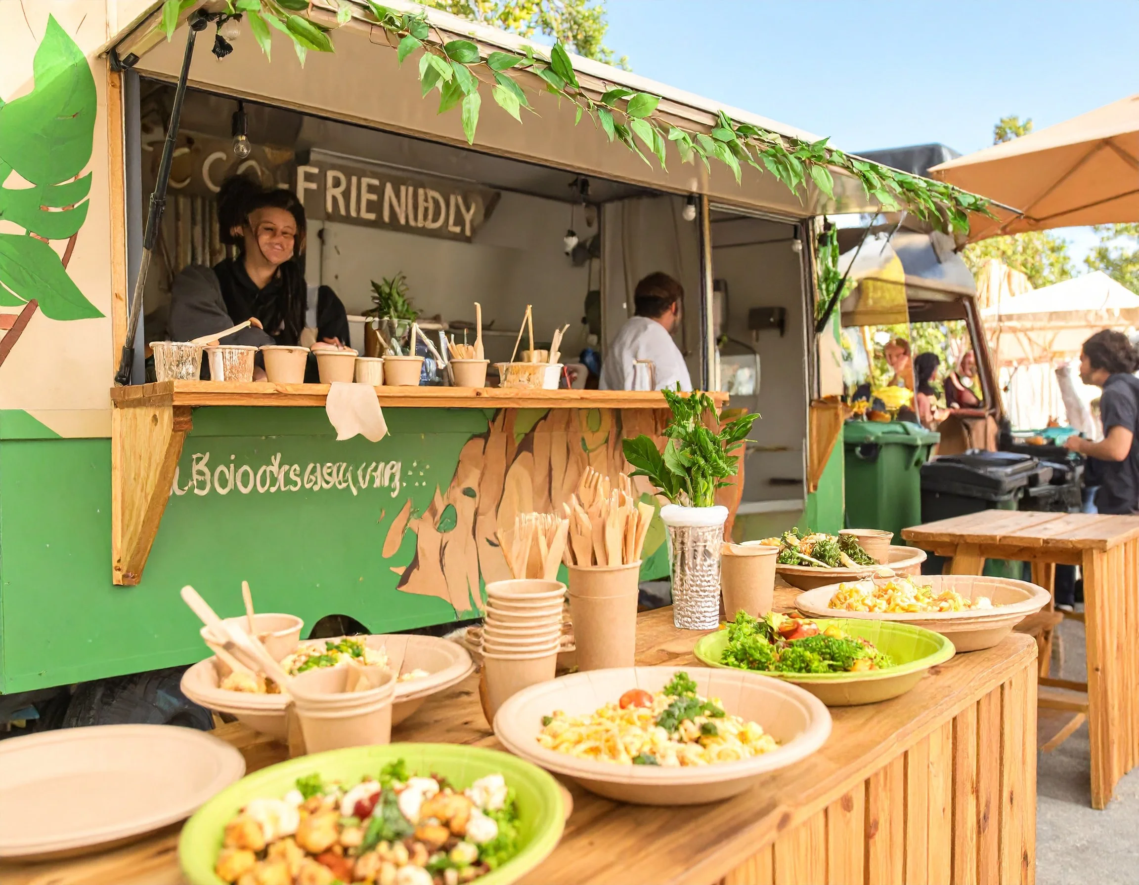 A food stall at an outdoor market with bowls of salad and other dishes on a wooden table, a woman smiling behind the counter, and people walking and shopping in the background.
