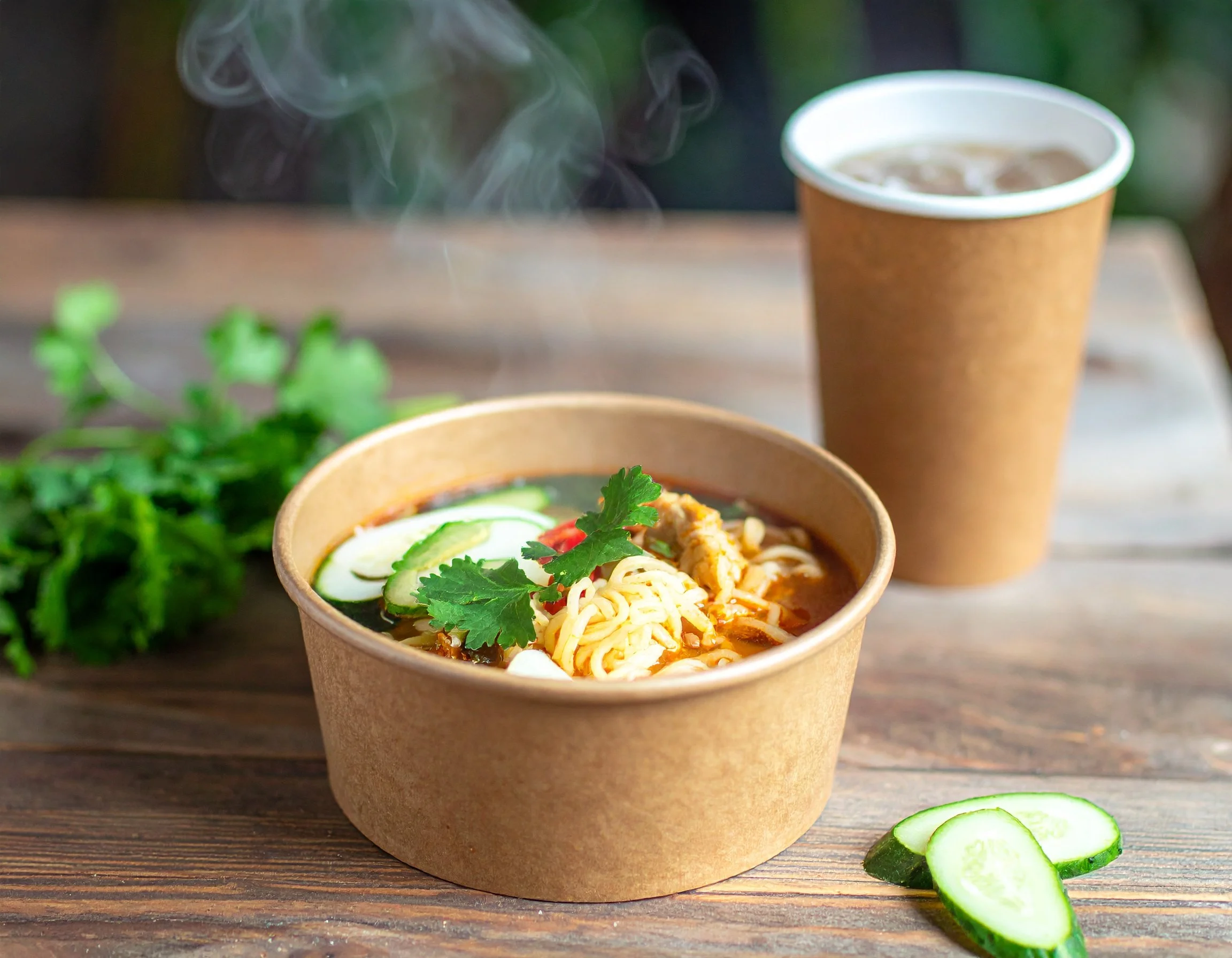 A paper cup filled with iced coffee on a wooden surface, with a bowl of ramen topped with cucumber slices, cilantro, and chili in the foreground, and some sliced cucumber and green herbs nearby.