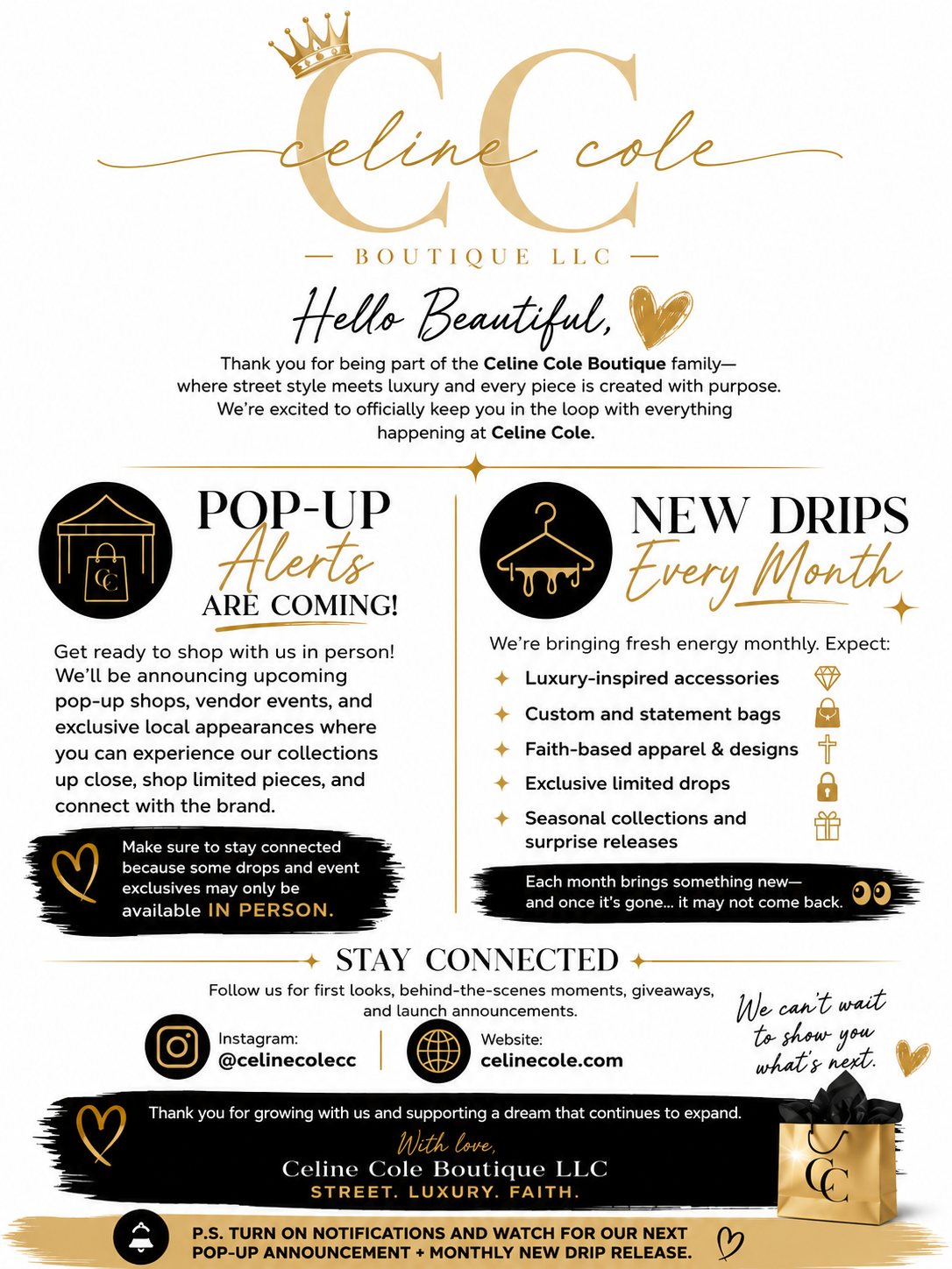 A promotional flyer for Celine Cole Boutique LLC featuring announcements about pop-up alerts and new monthly drips, with icons and text highlighting upcoming events, new product launches, and social media contact information.