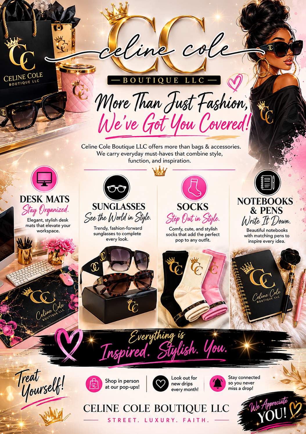 A promotional flyer for Celine Cole Boutique LLC featuring fashionable accessories and office supplies. The flyer includes images of sunglasses, socks, notebooks, pens, and desk mats, emphasizing style and organization. The design is glamorous with gold accents, pink highlights, and a fashionable woman wearing sunglasses, showcasing trendy products for women.