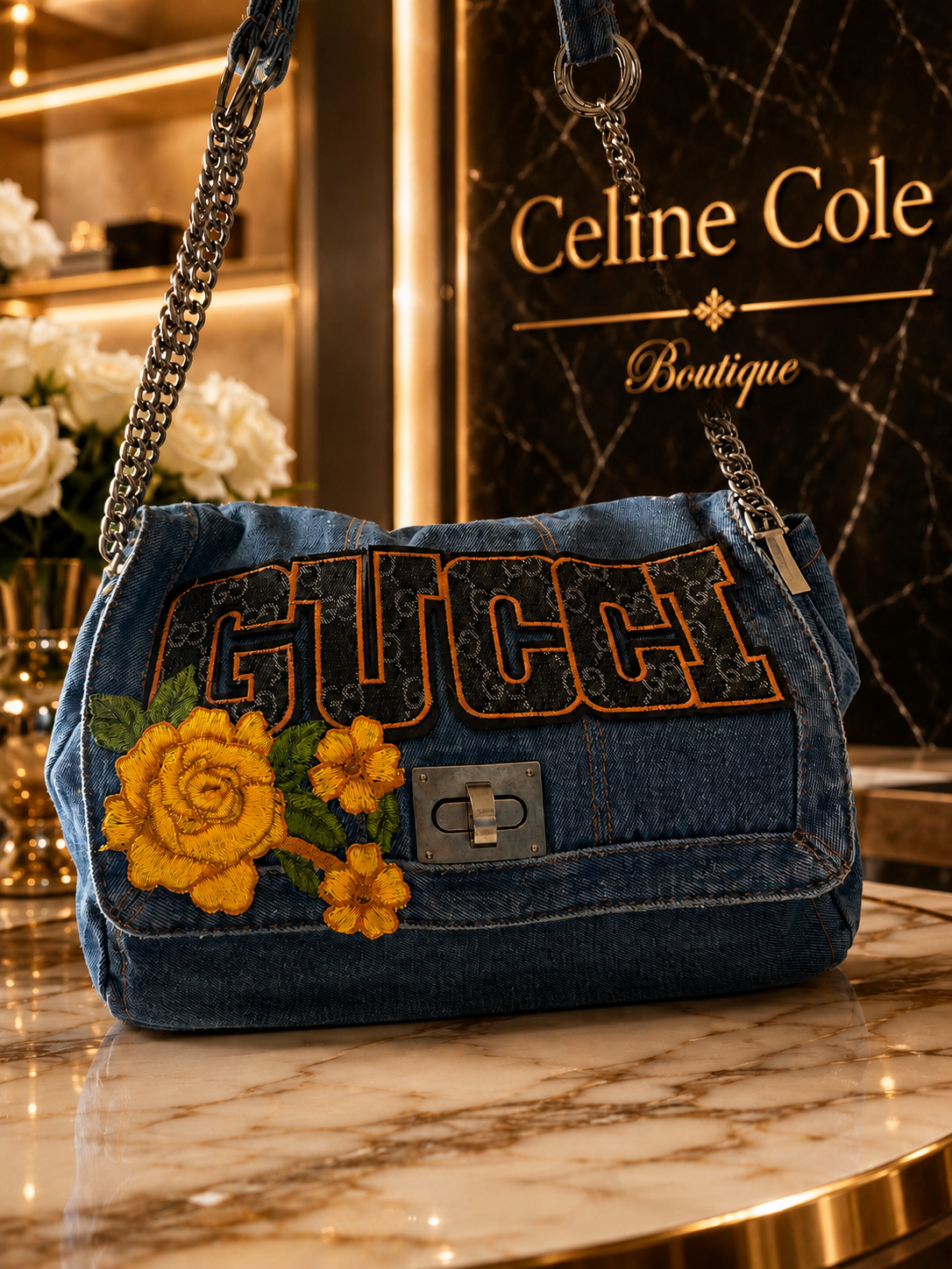 A Gucci handbag made from denim fabric with floral embroidery and a chain strap, displayed on a marble counter inside a boutique.