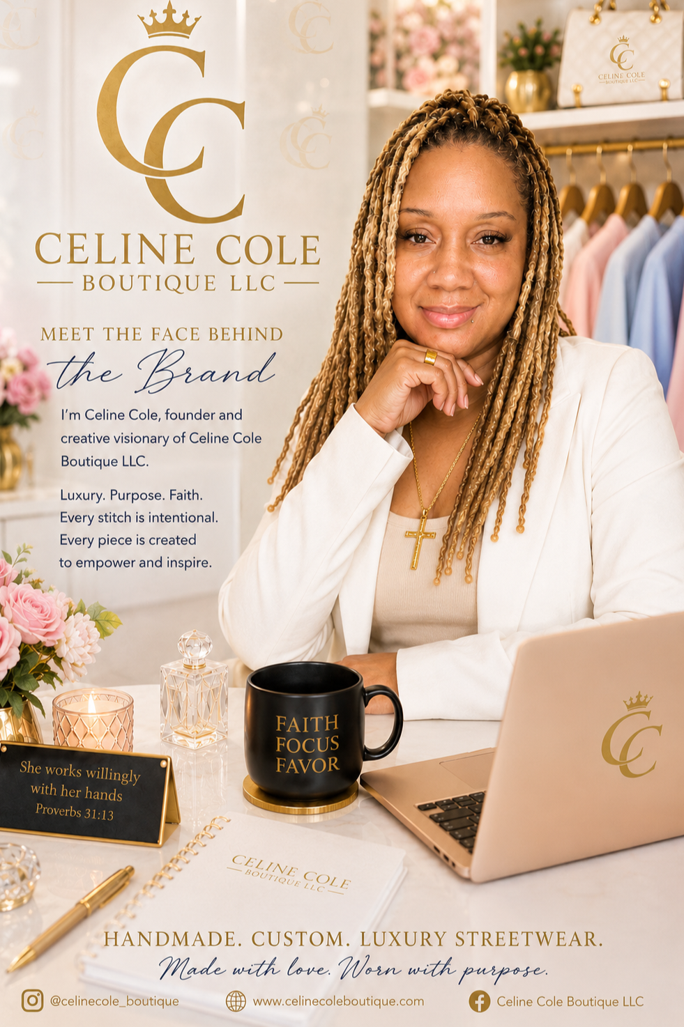 A portrait of Celine Cole, founder of Celine Cole Boutique LLC, sitting at a table with a laptop and decorative items, including a black mug with the words 'FAITH FOCUS FAVOR,' and a sign with a Bible verse, in a boutique setting with clothing racks and flowers in the background.