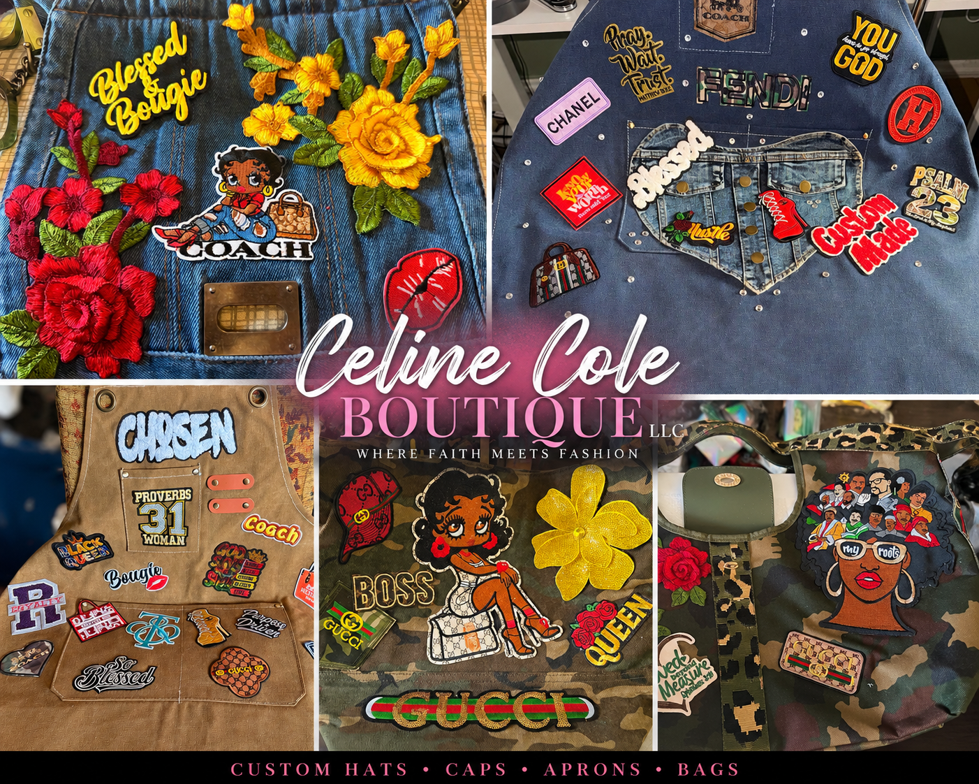 A collage of five images showcasing various embroidered patches and clothing items from Celine Cole Boutique, including denim jackets, aprons, and bags with colorful patches featuring designs like flowers, cartoon characters, brands, and inspirational words.