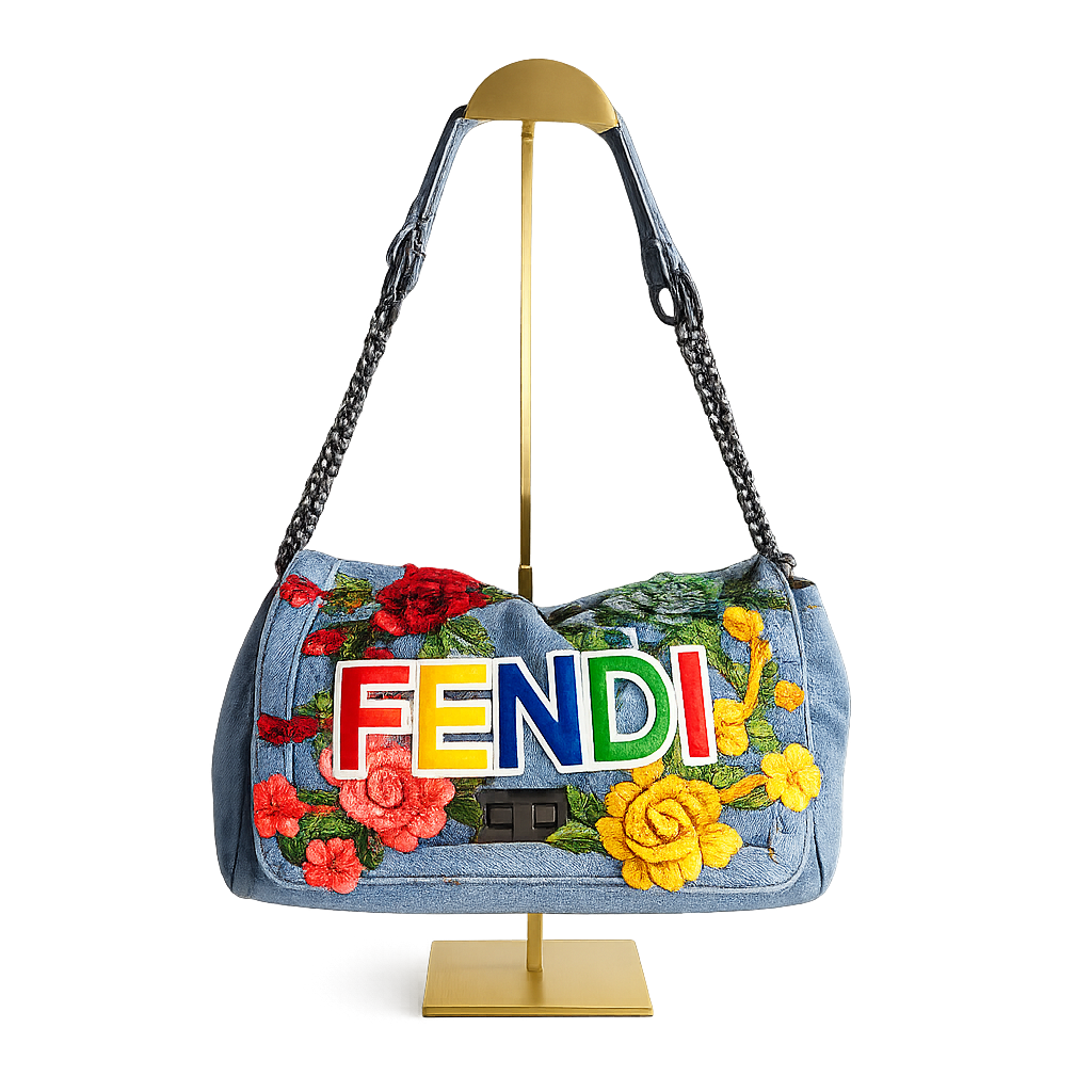 A Fendi handbag with colorful embroidered flowers and the brand name in multicolored letters, displayed on a gold stand.