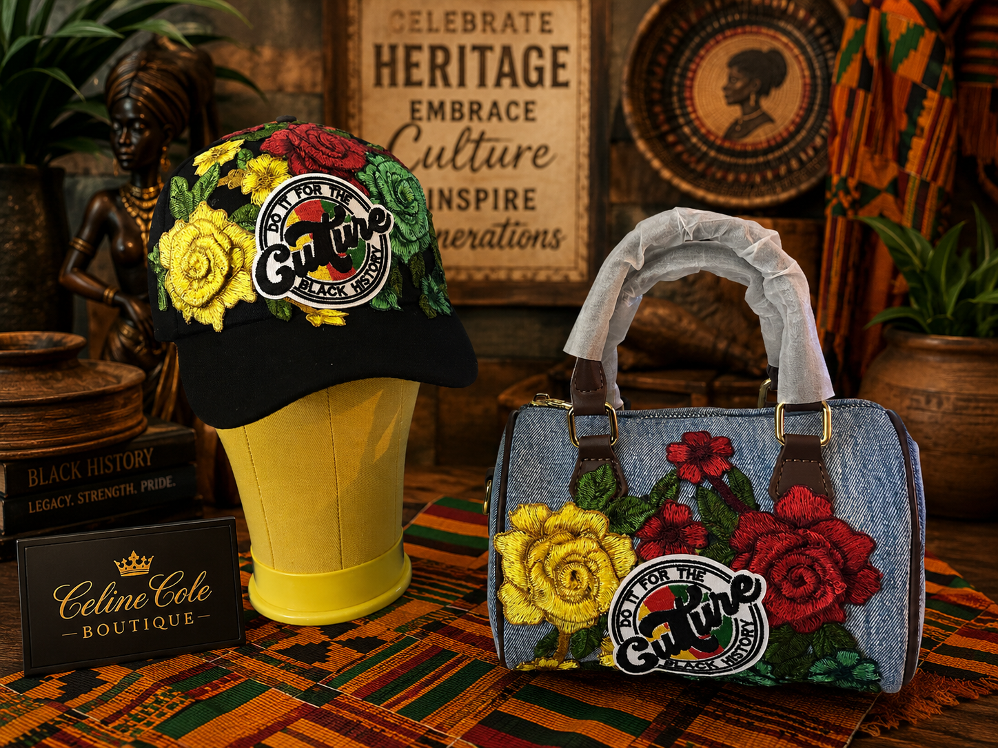 Display of two embroidered items with colorful floral designs and the phrase "Do it for the culture" and "Black History." One embroidered item is a black cap on a yellow mannequin head, and the other is a handbag with handles wrapped in tissue paper, set on a table with a African-inspired tablecloth. Background includes wooden decor, books, and African artwork.