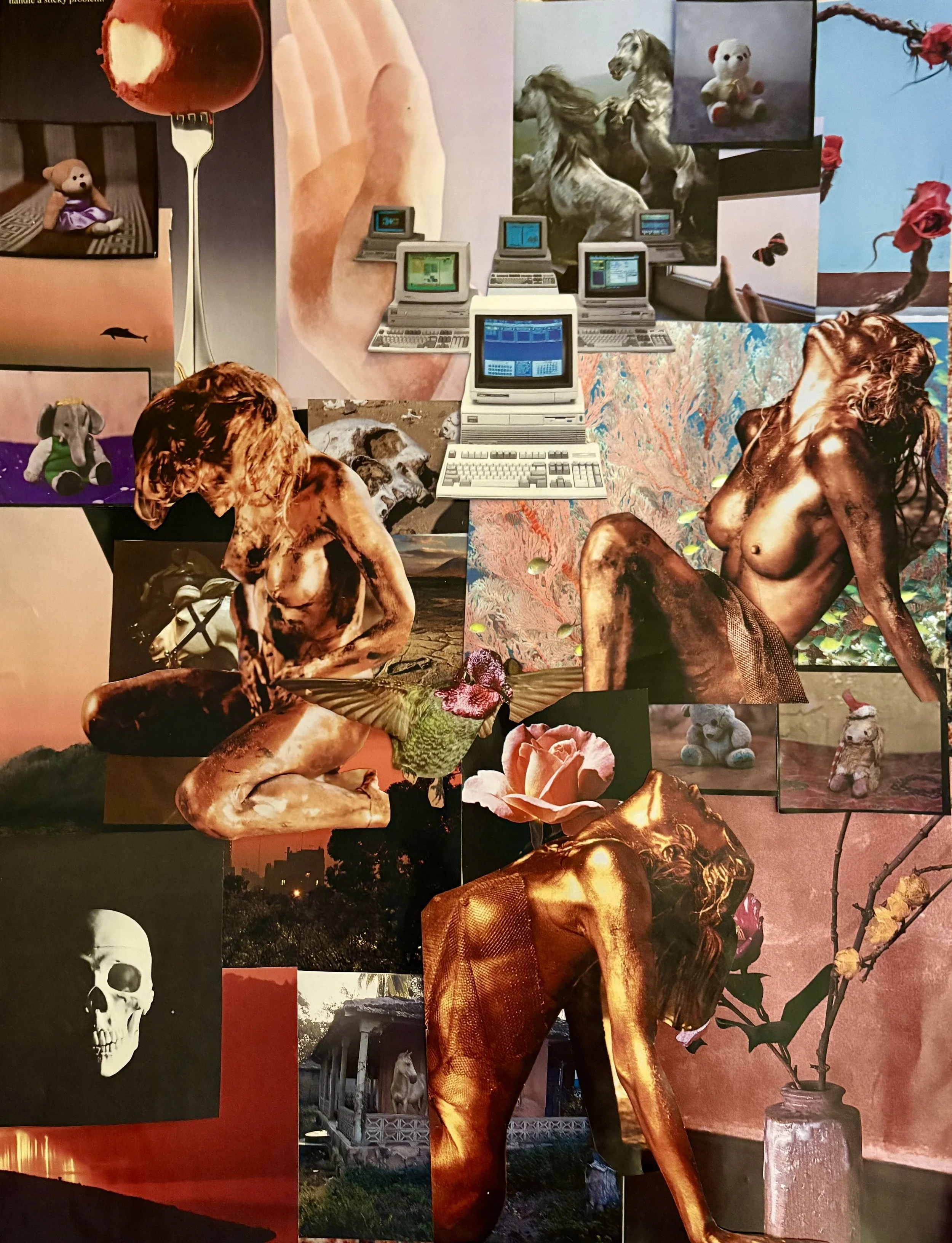 A collage of various images including statues, animals, flowers, and vintage computer screens. prominent features include a topless woman with curly hair, a horse sculpture, teddy bears, a skull, and flowers.