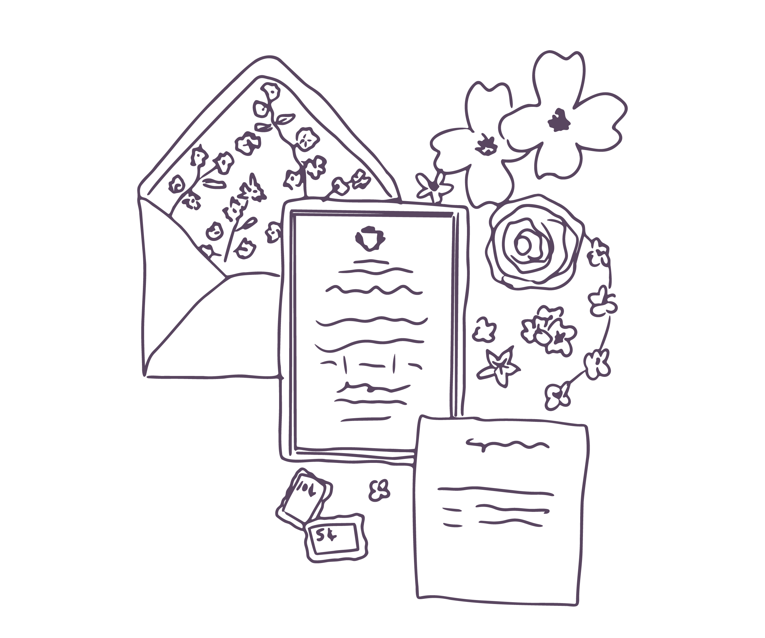 A neon outline drawing of a house with a gabled roof, a framed window, a large flower, and scattered falling blossoms, along with a small box and a device on the ground.