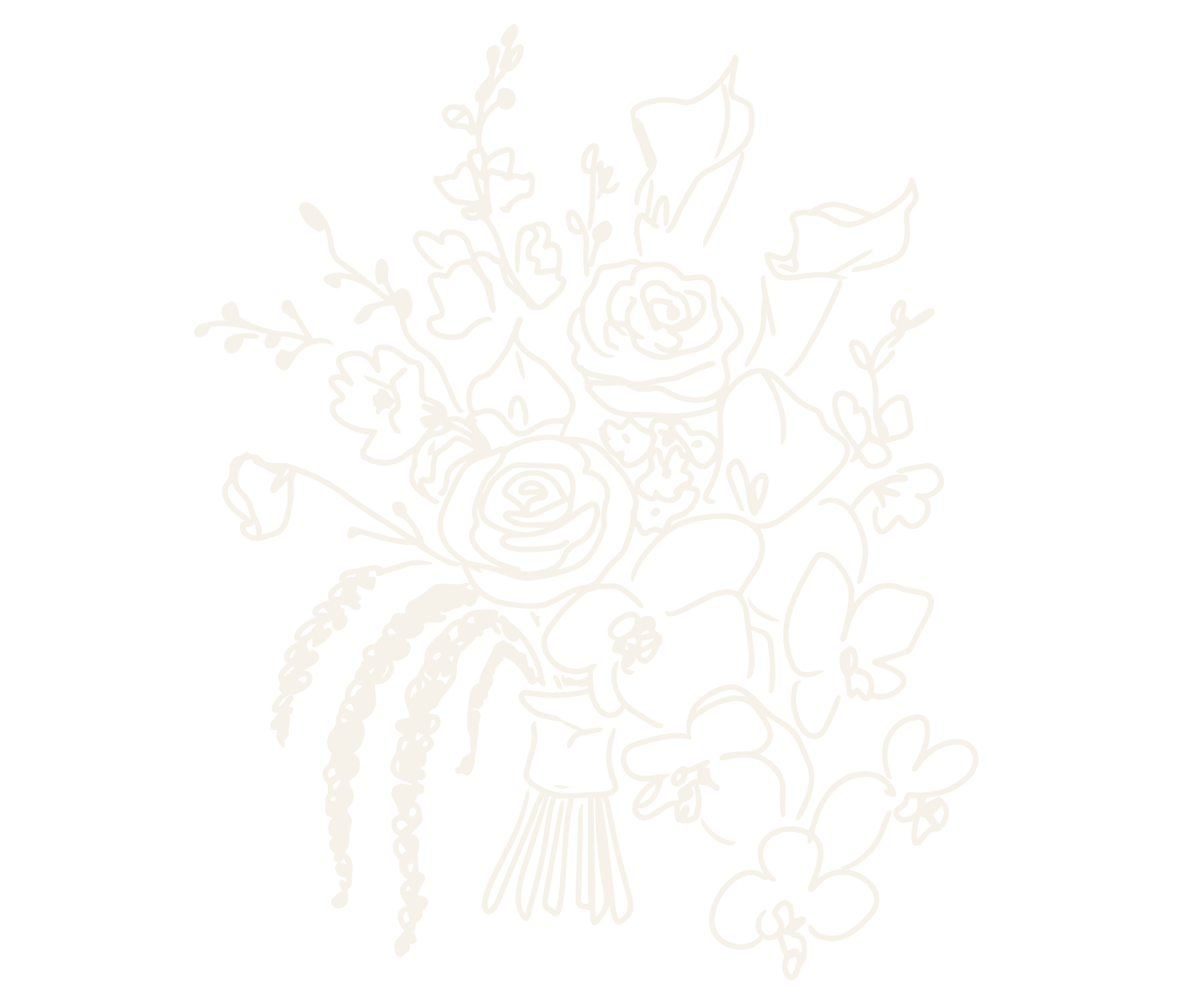 Outline drawing of a bouquet of flowers on a black background.